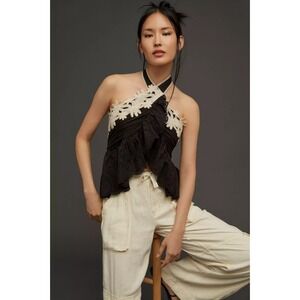 Anthropologie Black Eyelet Halter Wrap Top Large Lace Crocheted Floral Boho Chic